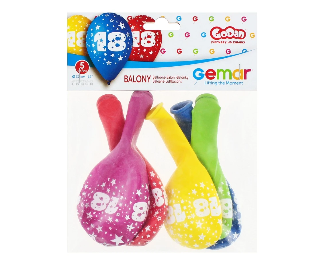 Balony Gemar 12", 18. urodziny, pastel mix, 5szt. KK