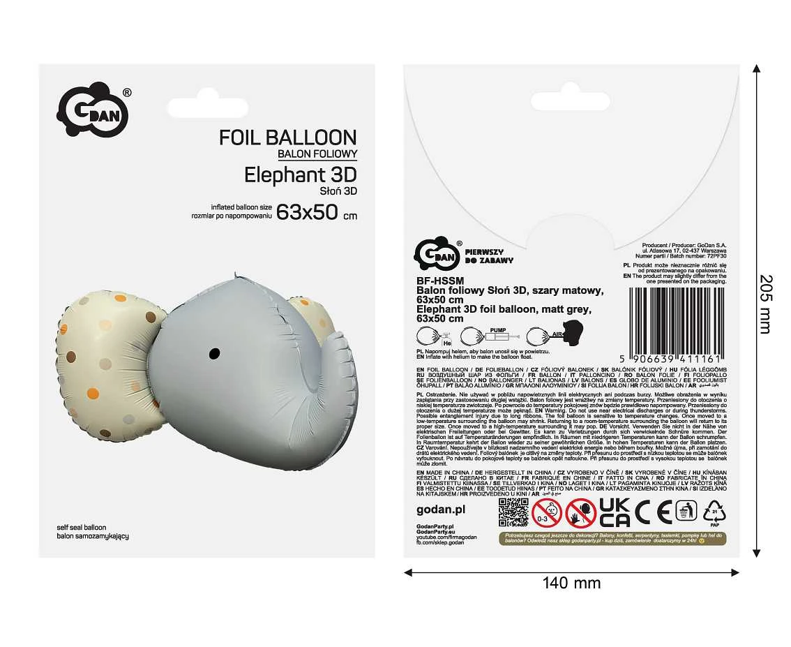 Balon foliowy Słoń 3D, szary matowy, 63x50 cm
