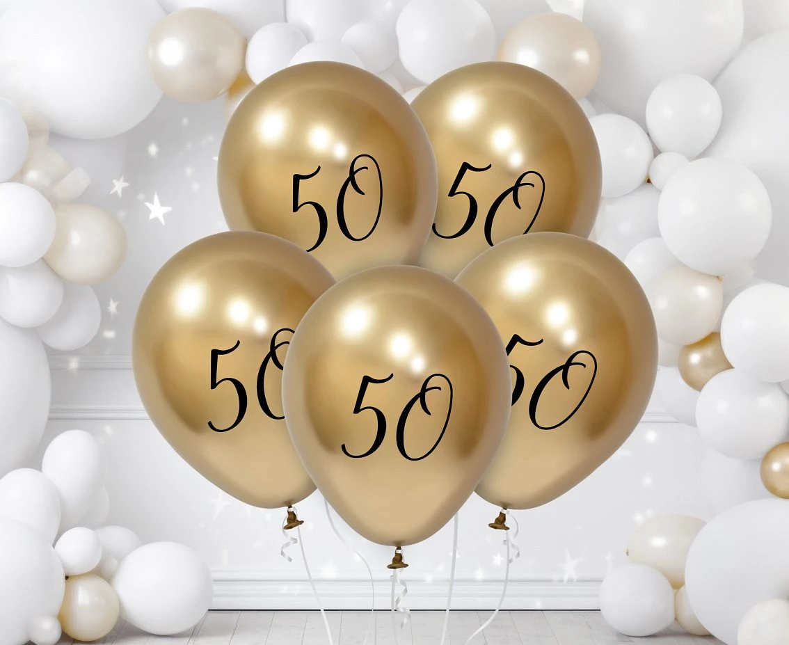 Balony B&C 12", 50. urodziny, platyna jasnozłote, 5szt.