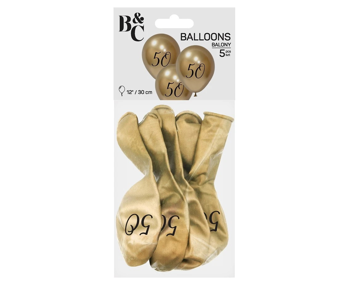 Balony B&C 12", 50. urodziny, platyna jasnozłote, 5szt.