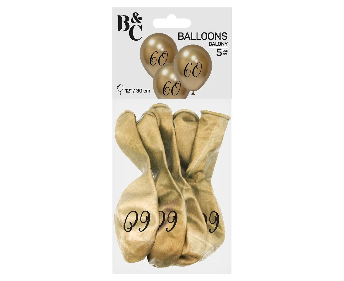 Balony B&C 12",  60. urodziny, platyna jasnozłote, 5szt.