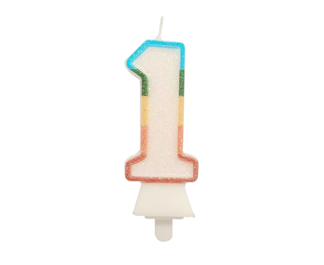 Świeczka cyferka 1, tęczowa, NOWY BIO BROKAT, 8,5 cm