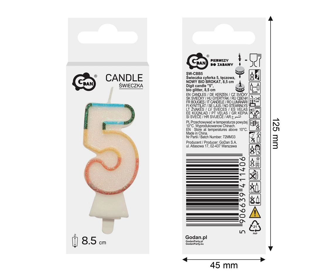 Świeczka cyferka 5, tęczowa, NOWY BIO BROKAT, 8,5 cm