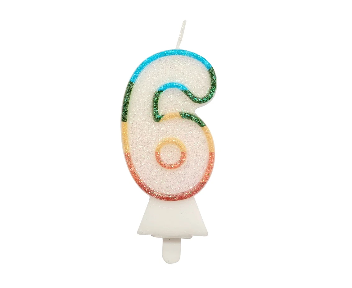 Świeczka cyferka 6, tęczowa, NOWY BIO BROKAT, 8,5 cm