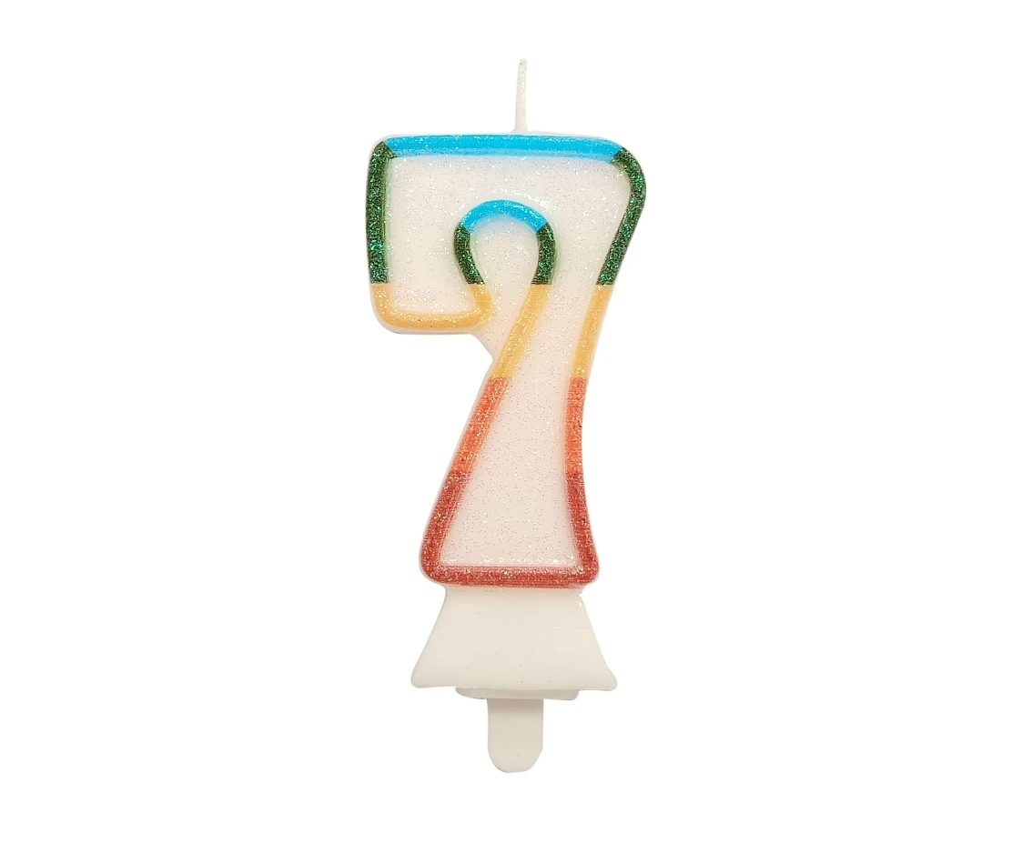 Świeczka cyferka 7, tęczowa, NOWY BIO BROKAT, 8,5 cm