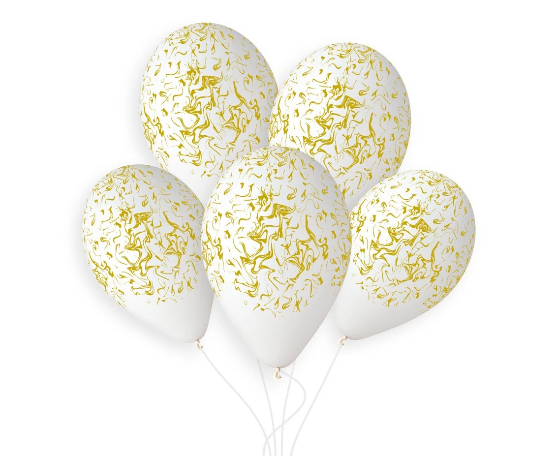 Balony Gemar 13", premium hel marble, białe, złote nadruki, 5szt. KK