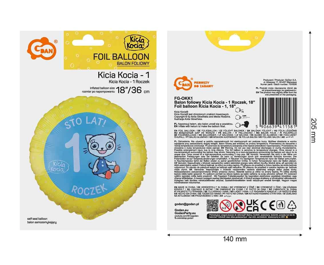 Balon foliowy Kicia Kocia - 1 Roczek, 18 cali