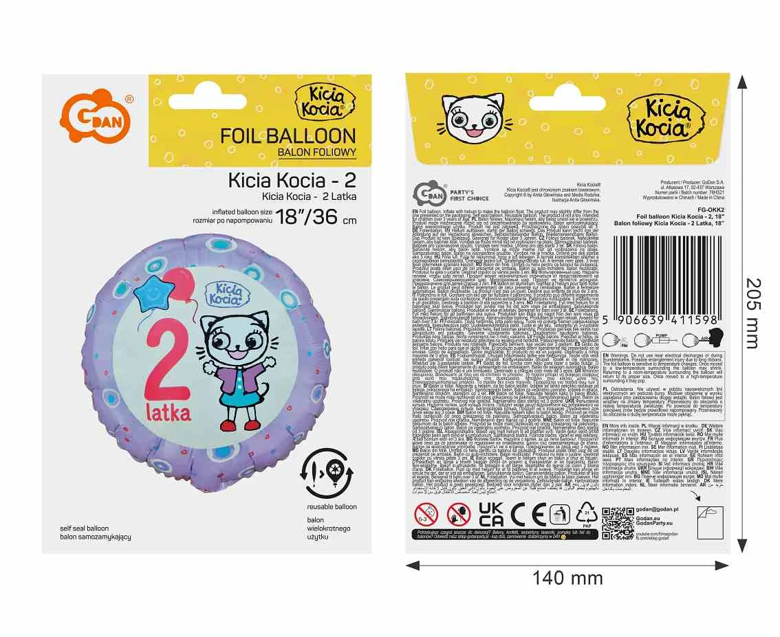 Balon foliowy Kicia Kocia - 2 Latka, 18 cali