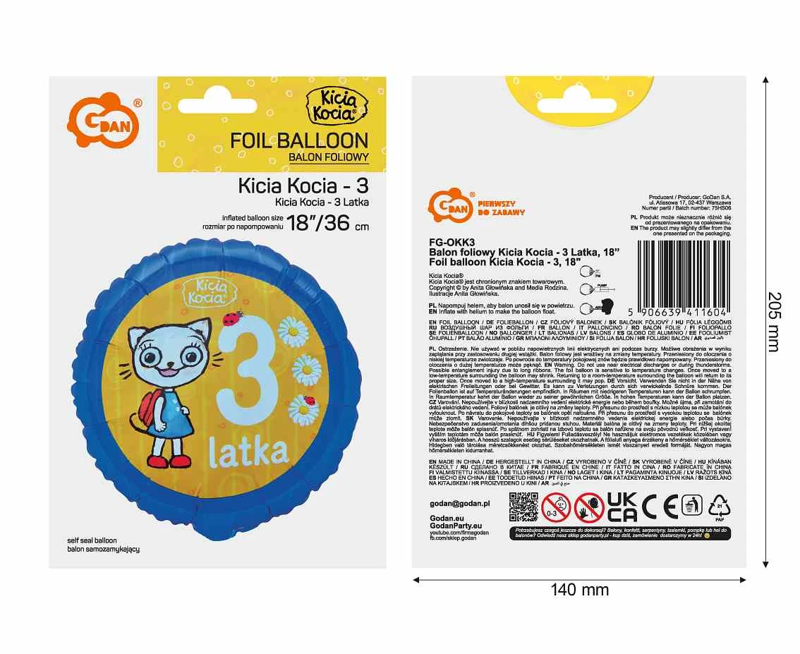 Balon foliowy Kicia Kocia - 3 Latka, 18 cali