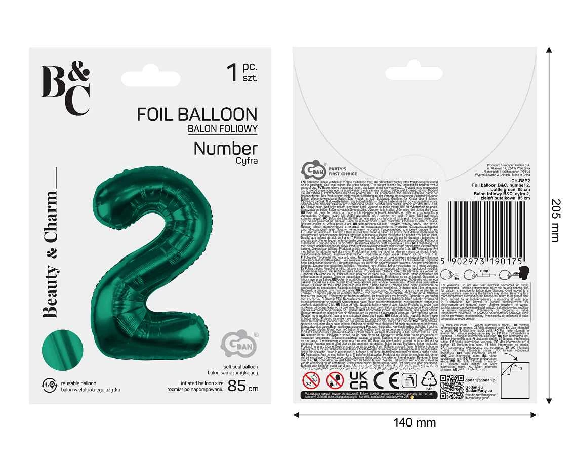Balon foliowy B&C, cyfra 2, zieleń butelkowa, 85 cm