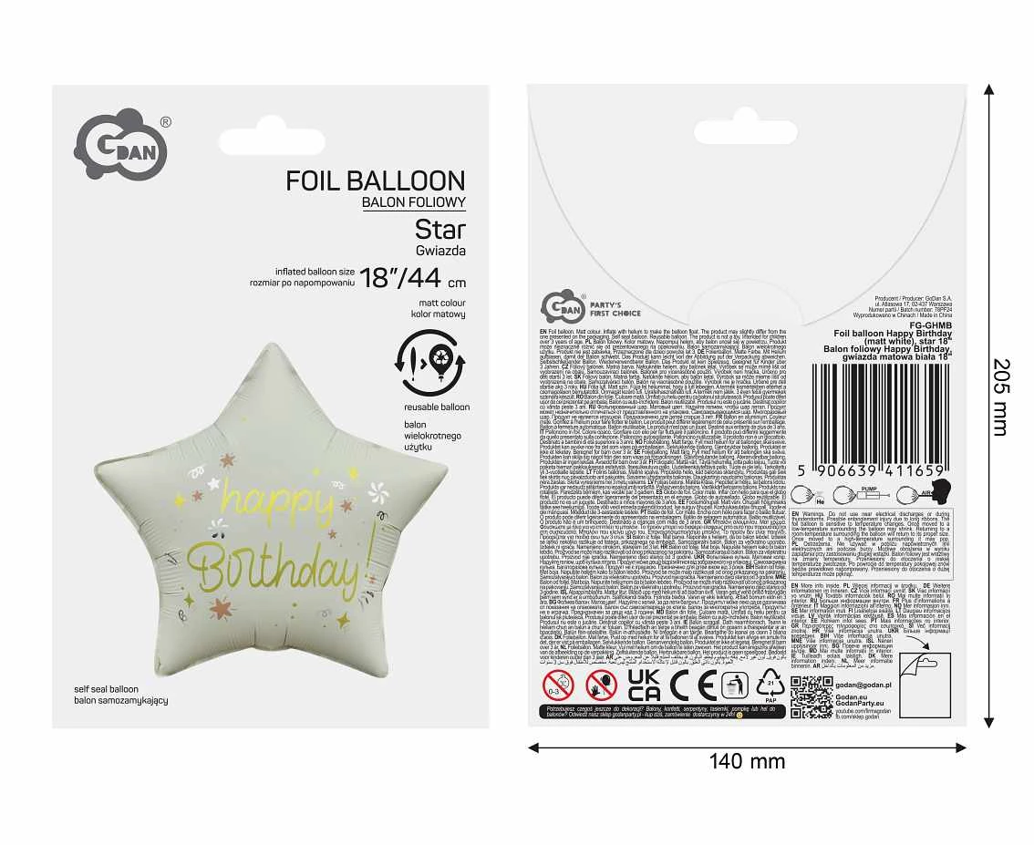 Balon foliowy 18" Gwiazda Happy Birthday, matowa biała KK
