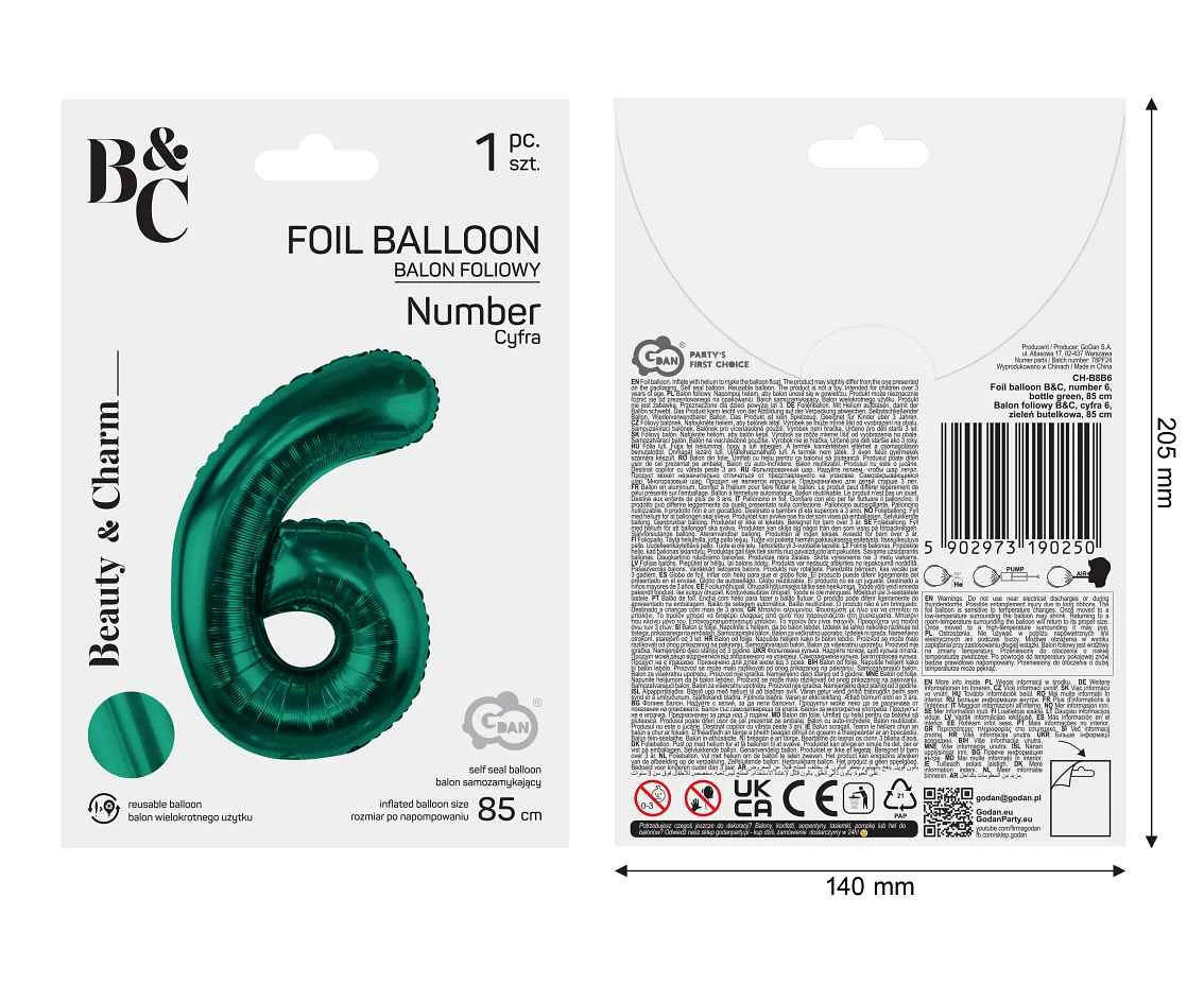 Balon foliowy B&C, cyfra 6, zieleń butelkowa, 85 cm