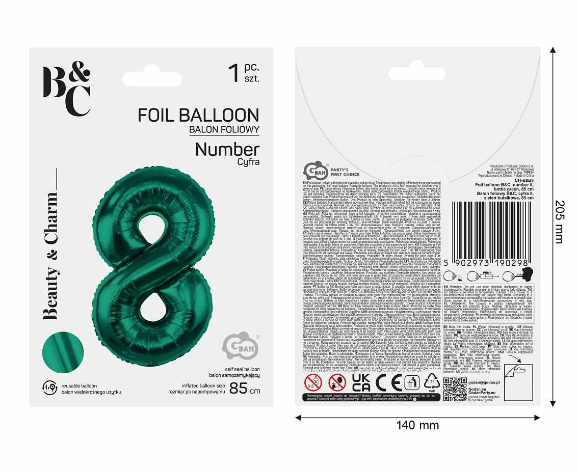 Balon foliowy B&C, cyfra 8, zieleń butelkowa, 85 cm