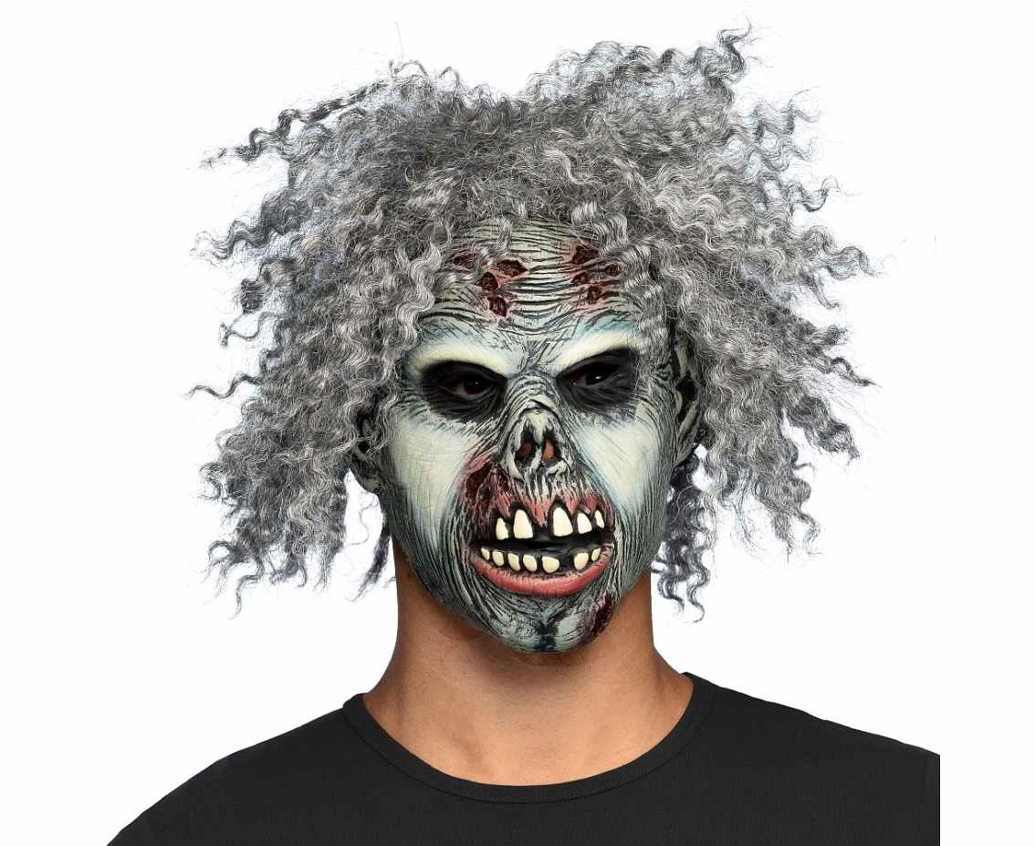 Maska lateksowa Szalony Zombie, z włosami