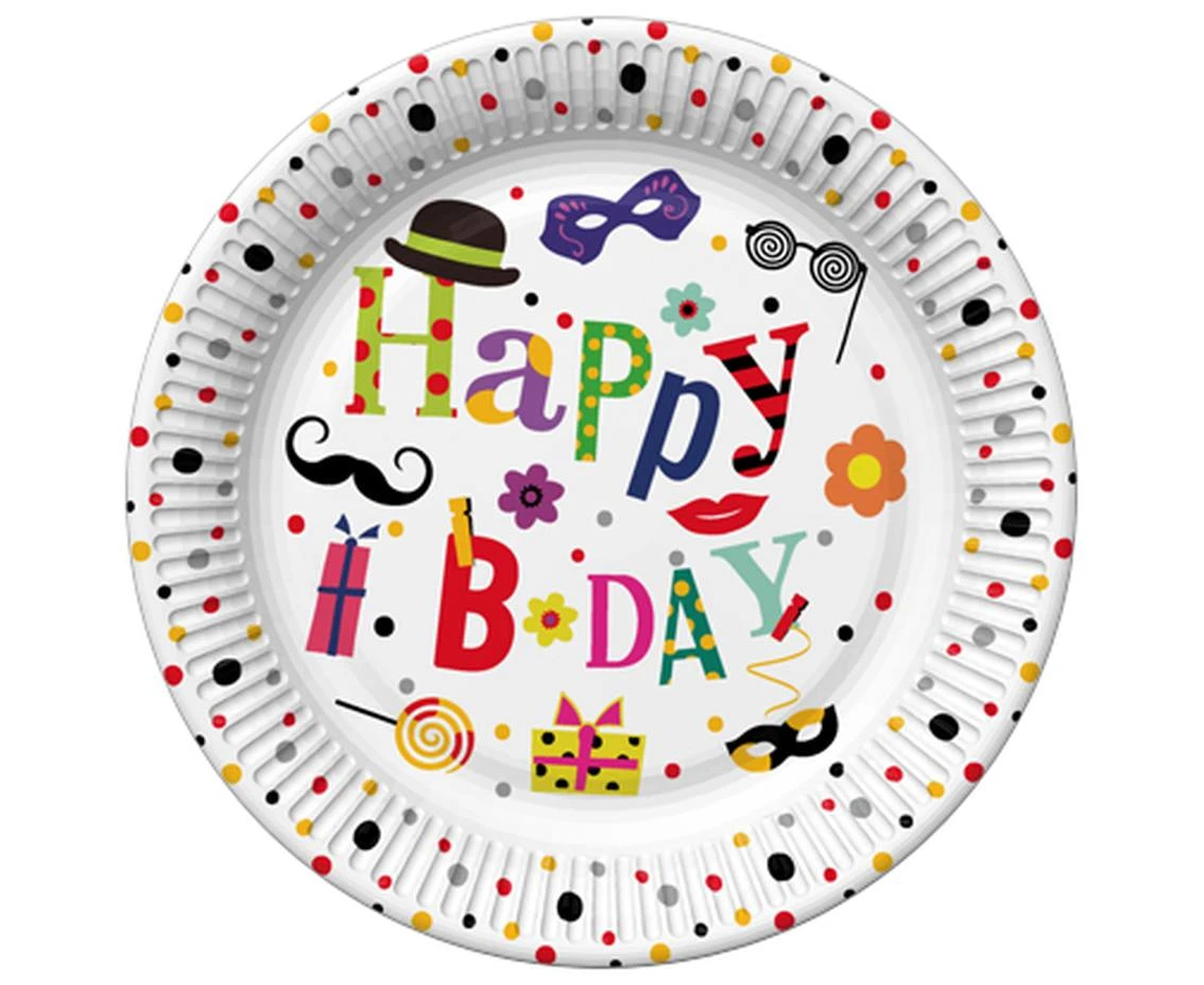 Talerzyki papierowe Funny B-day, 18 cm,  8 szt.