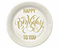 Talerzyki papierowe Happy Birthday Dotted Gold, 18 cm,  8 szt.
