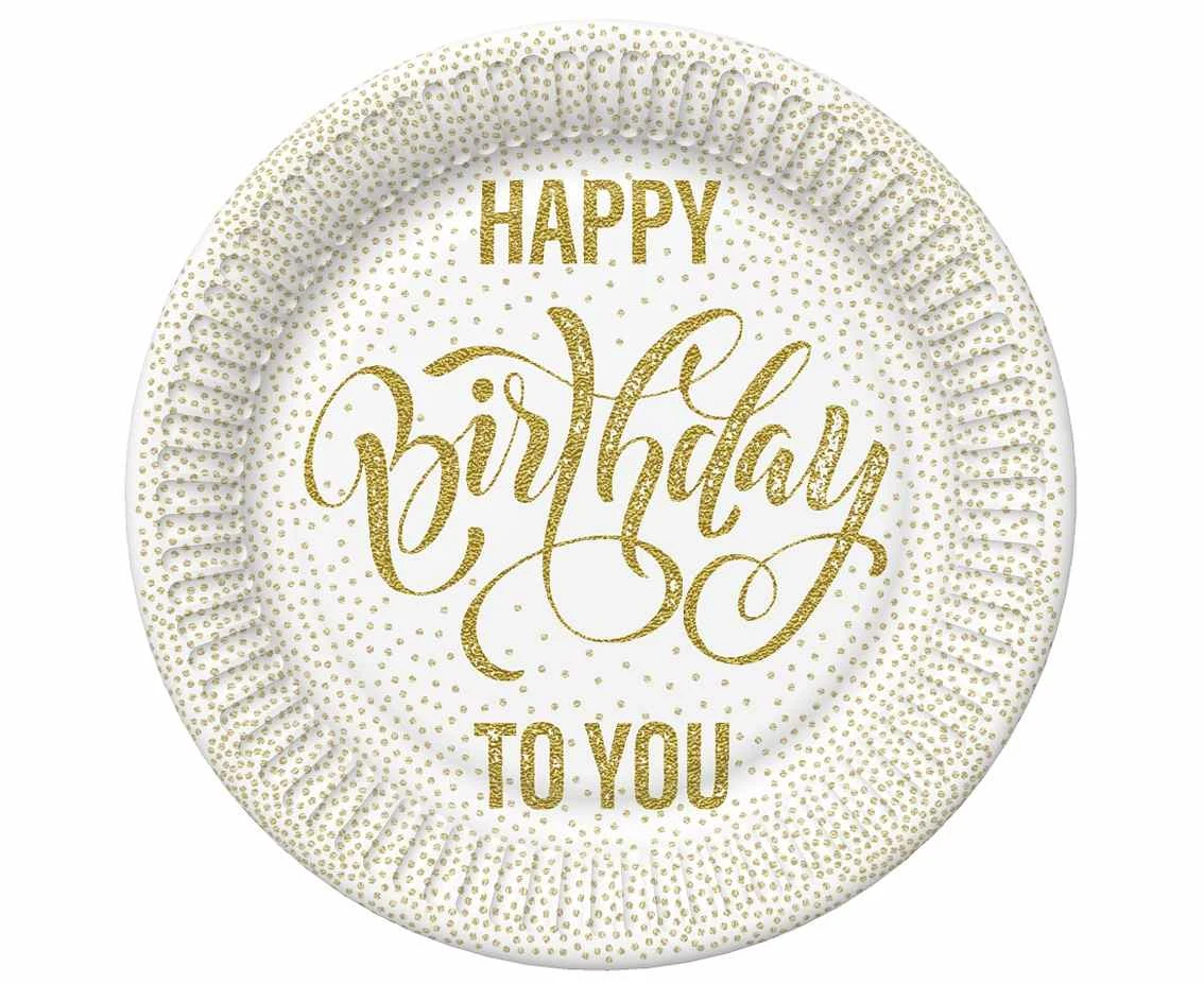 Talerzyki papierowe Happy Birthday Dotted Gold, 23 cm,  8 szt.