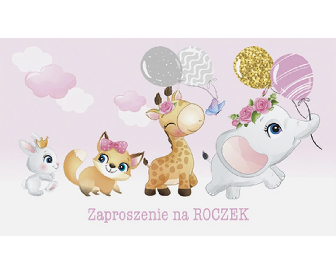 Zaproszenie Z 160x95 Urodziny Roczek nr 55550 Dziecięce - Dziewczynka, Słonie, Zwierzęta, Żyrafy, 10 szt.