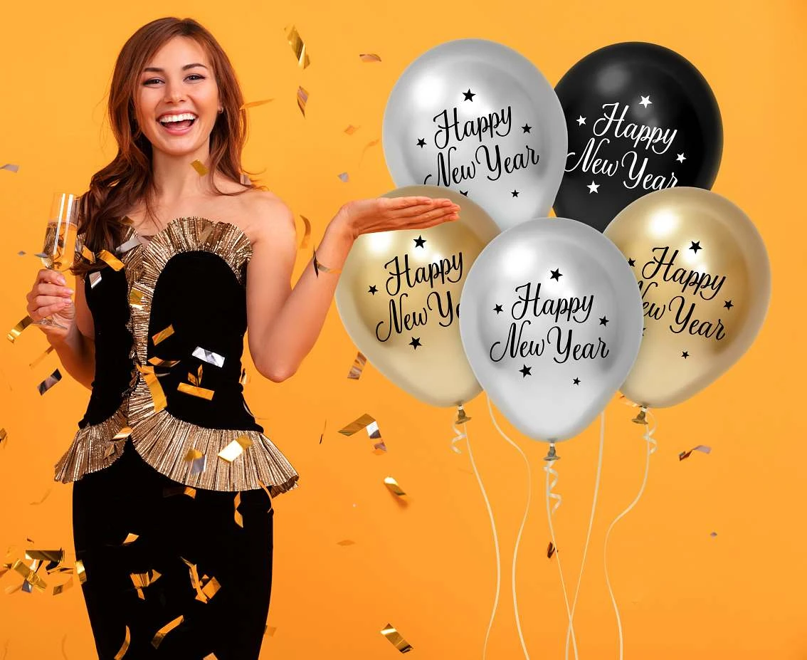 Balony B&C 12", "Happy New Year", złote, srebnre i czarny 5szt.KK