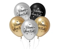 Balony B&C 12",  "Witamy Nowy Rok", srebrne, złote i czarny 5szt.