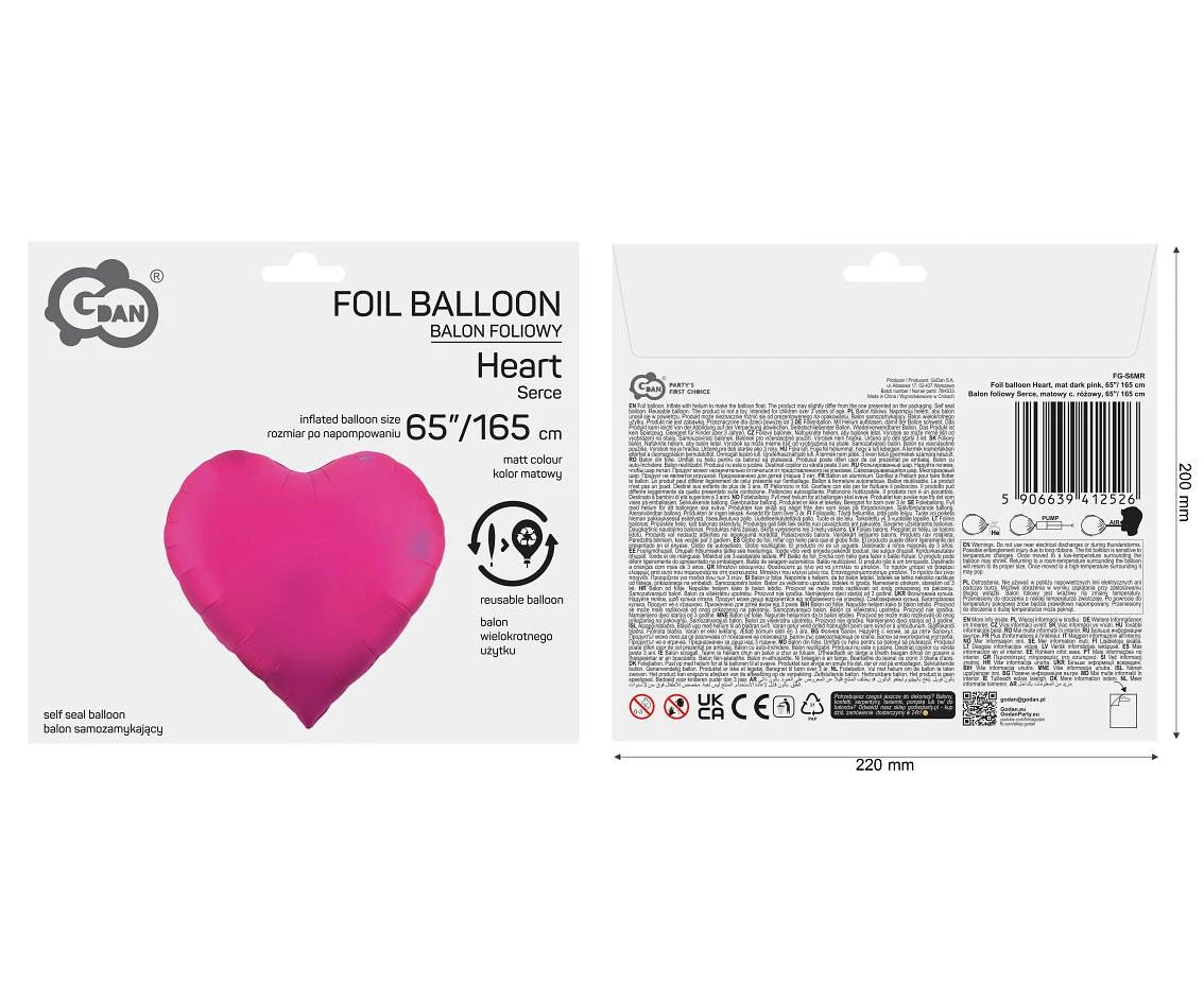 Balon foliowy Serce, matowy c. różowy, 65"/ 165 cm