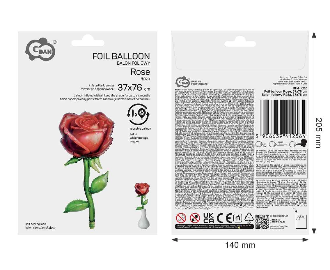 Balon foliowy Róża, 37x76 cm