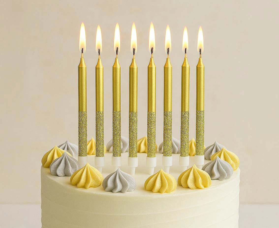 Świeczki metaliczno-brokatowe, złote, 6x0.5 cm, 8 szt.