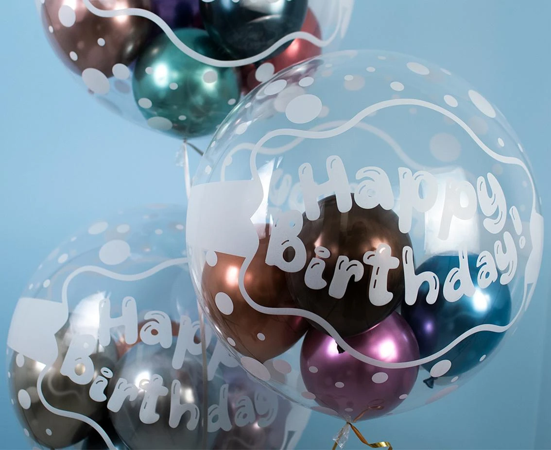 Balon Takara Bubble Balloon - Happy Birthday (kropeczki), 400 mm/ 10 szt. (rozm. QL 18,5") KK