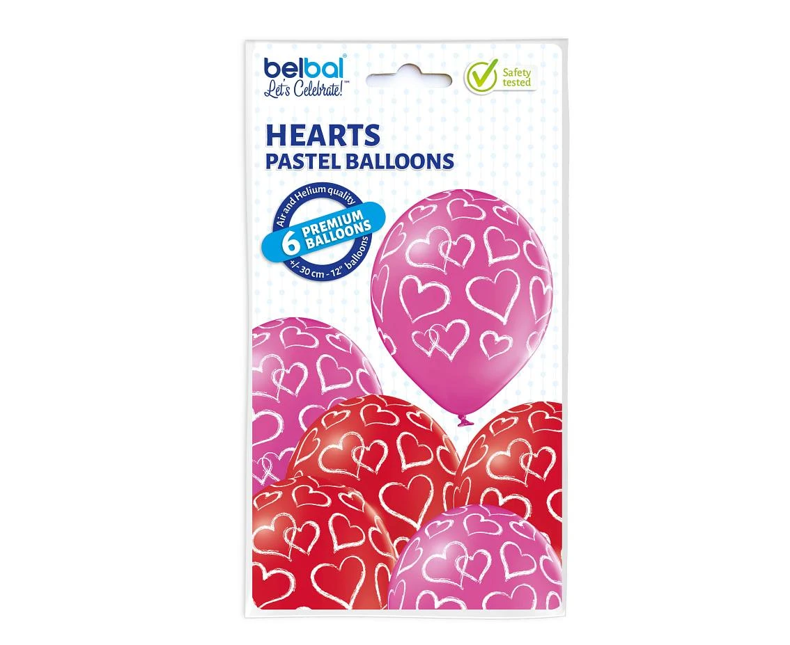 Balony Belbal 12", D11, serca czerwono-różowe, 6szt.