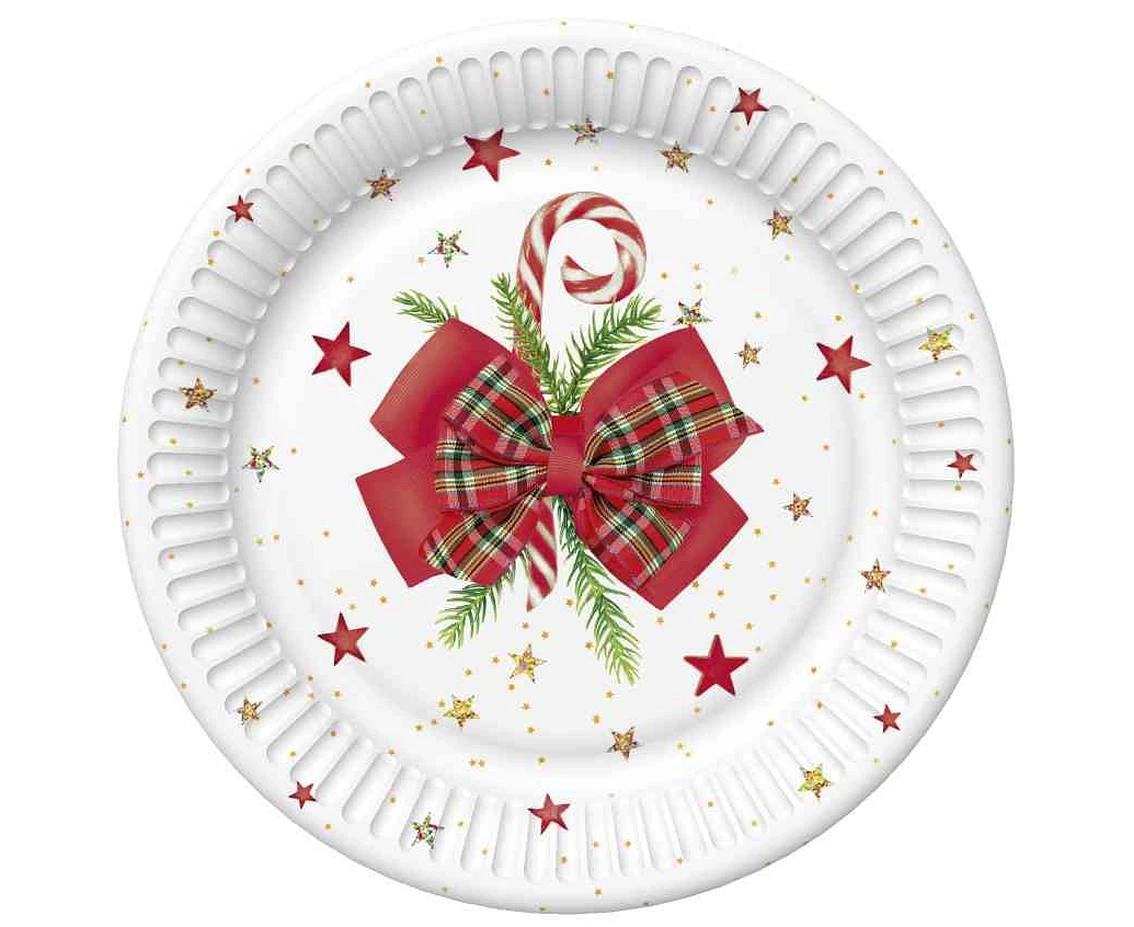 Talerzyki papierowe Checked Bow with Candy Cane, 18 cm,  8 szt.