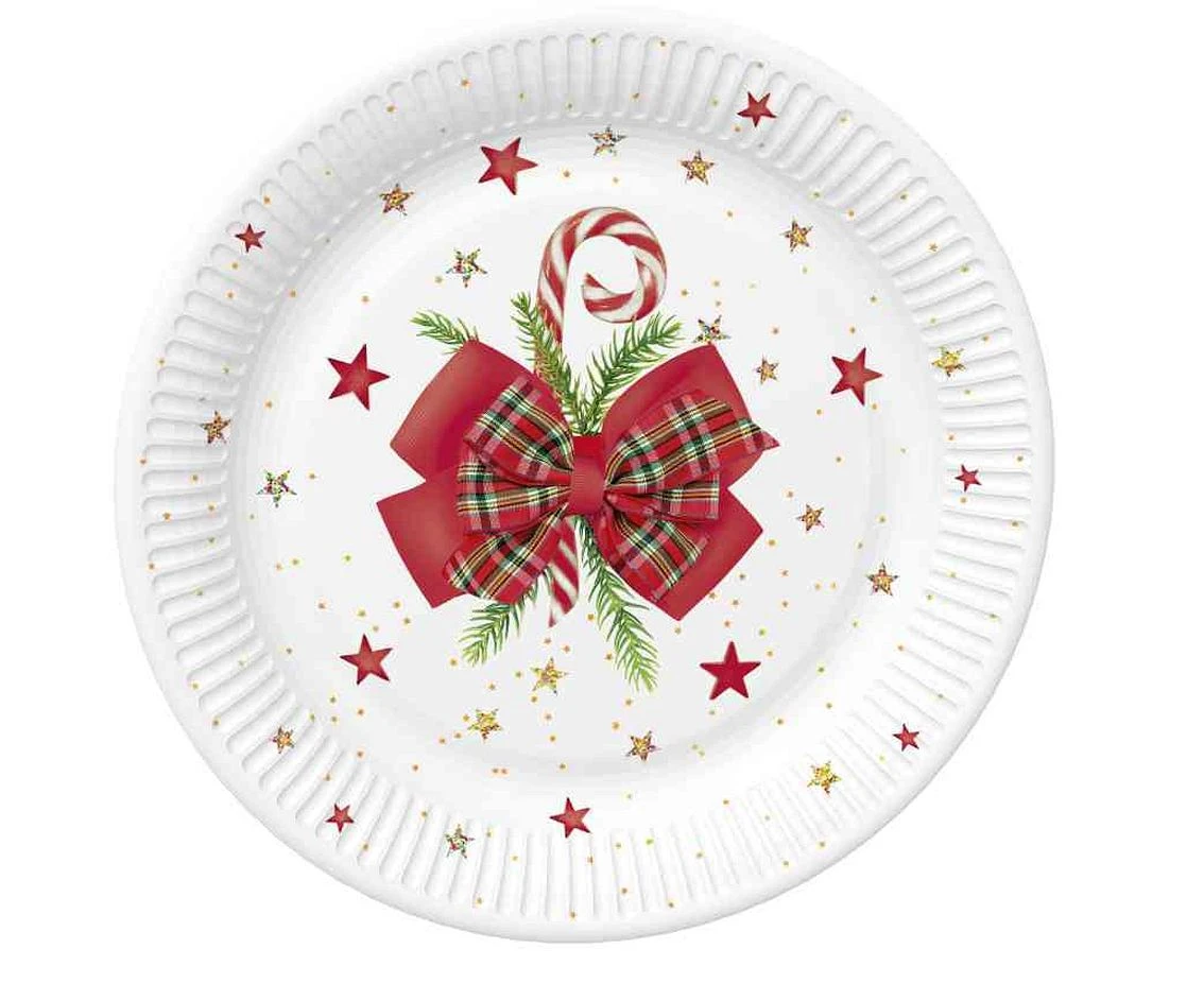 Talerzyki papierowe Checked Bow with Candy Cane, 22 cm,  8 szt.