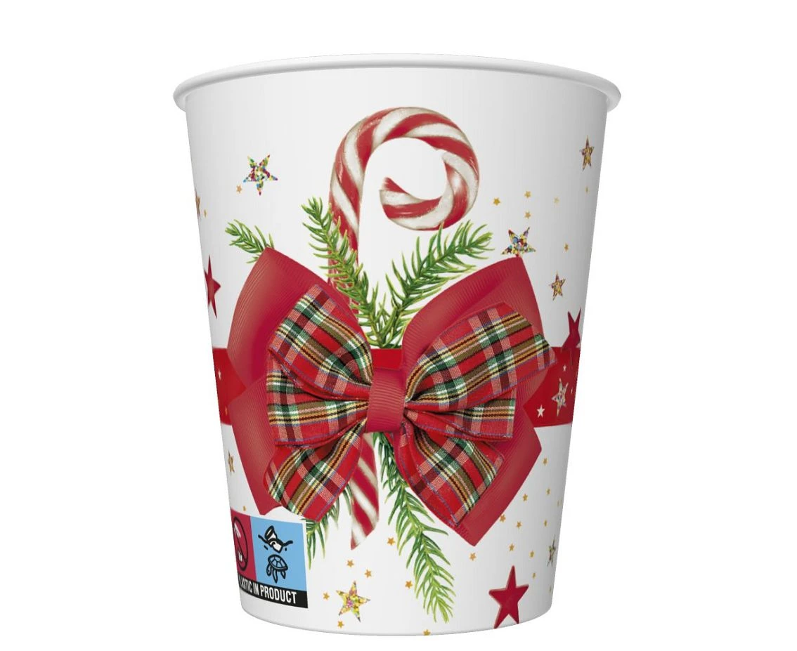 Kubeczki papierowe Checked Bow with Candy Cane, 250 ml,  8 szt.