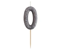 Świeczka piker B&C cyferka 0, srebrny bio brokat, dł. całkowita 11,5 cm (stara wersja)