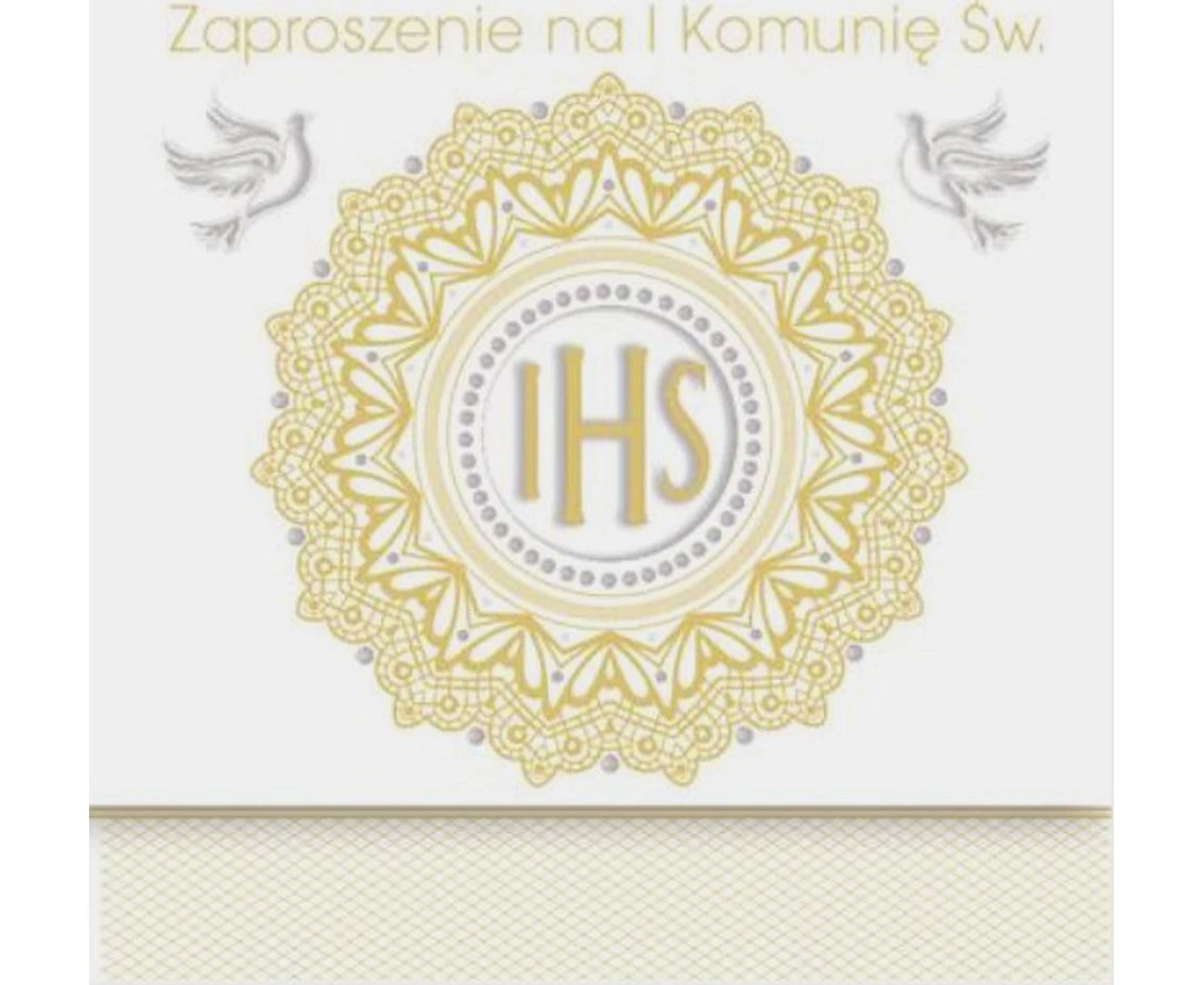 Zaproszenie kwadrat ZKW 120x120 Komunia, Dziecięce - Chłopiec, Dziewczynka, Grafika, Religia, Złote, Tłoczenie, 10 szt.