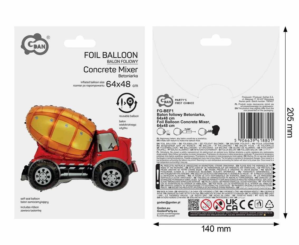 Balon foliowy Betoniarka, 67x47cm