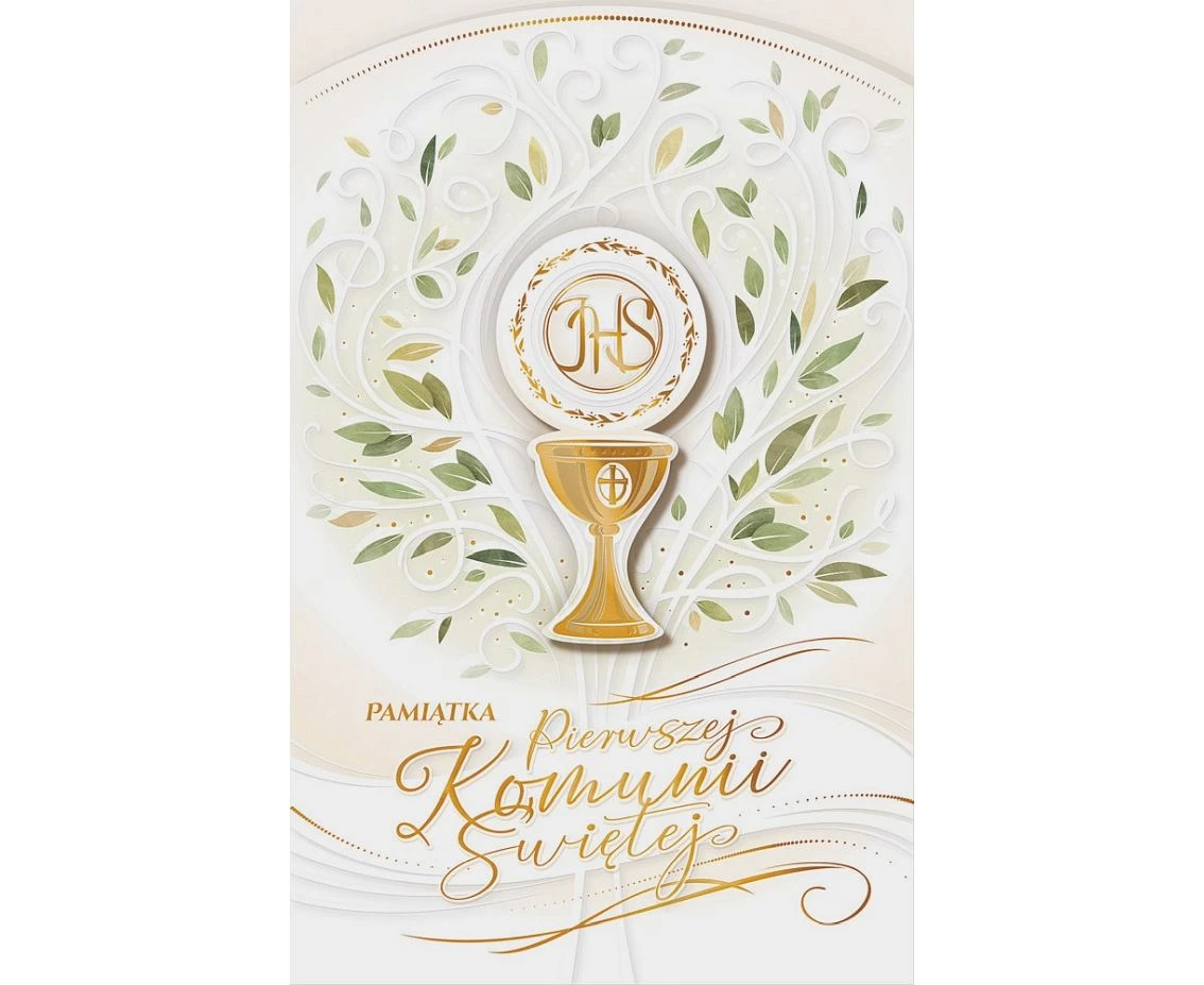 Kartka komunijna, Kielich IHS zielone liście