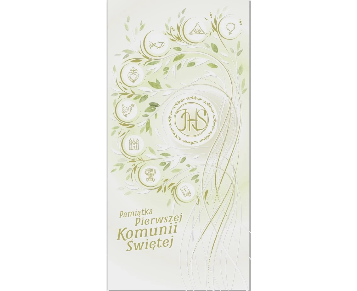 Kartka komunia nowoczesna, IHS zielone symbole