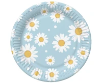 Talerzyki papierowe, niebieskie, stokrotki, 18 cm, 6 szt.