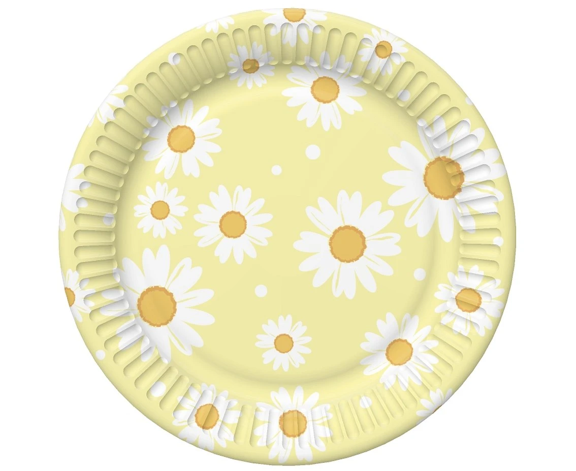 Talerzyki papierowe, żółte, stokrotki, 18 cm, 6 szt.