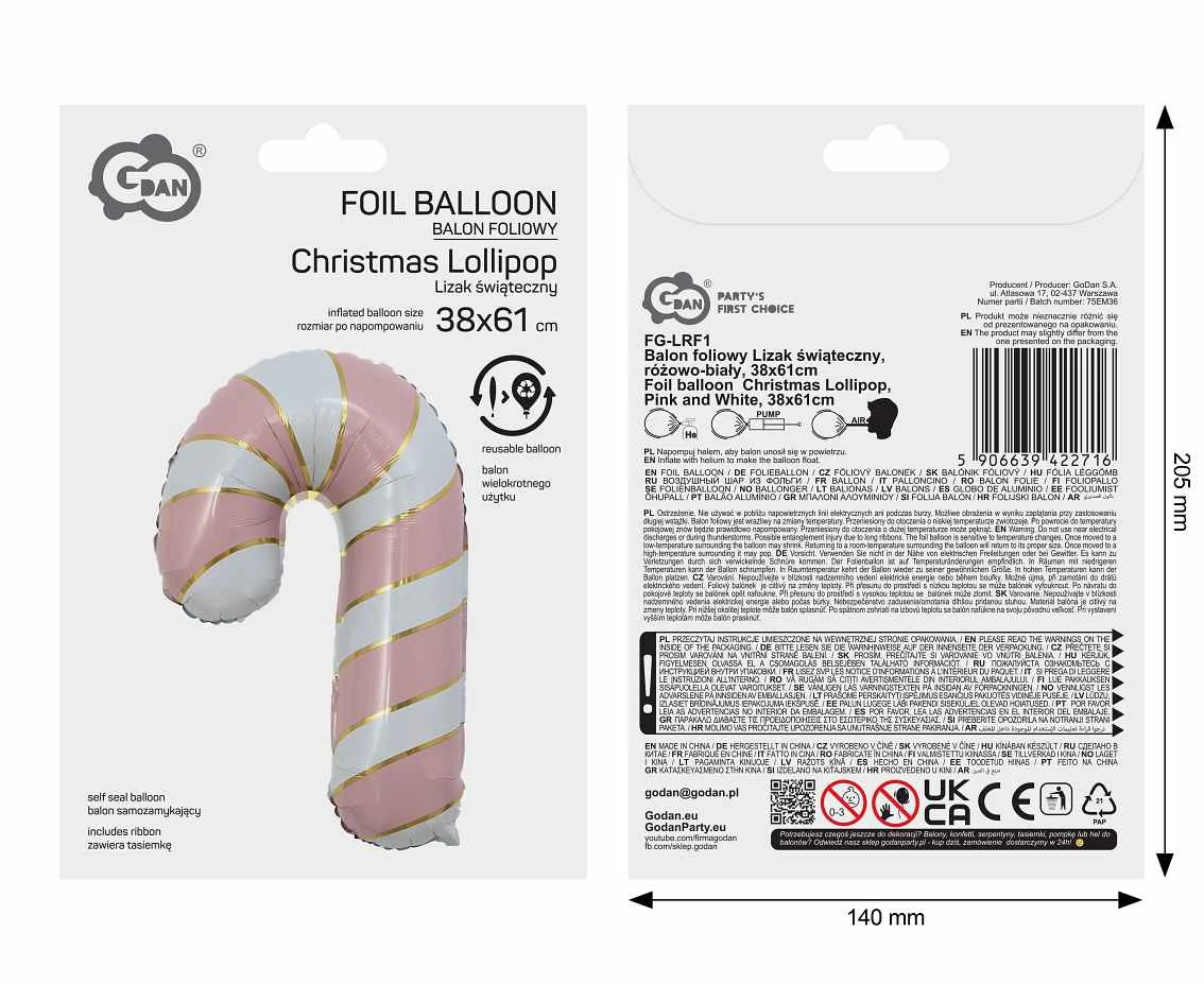 Balon foliowy Lizak świąteczny, różowo-biały, 38x61cm