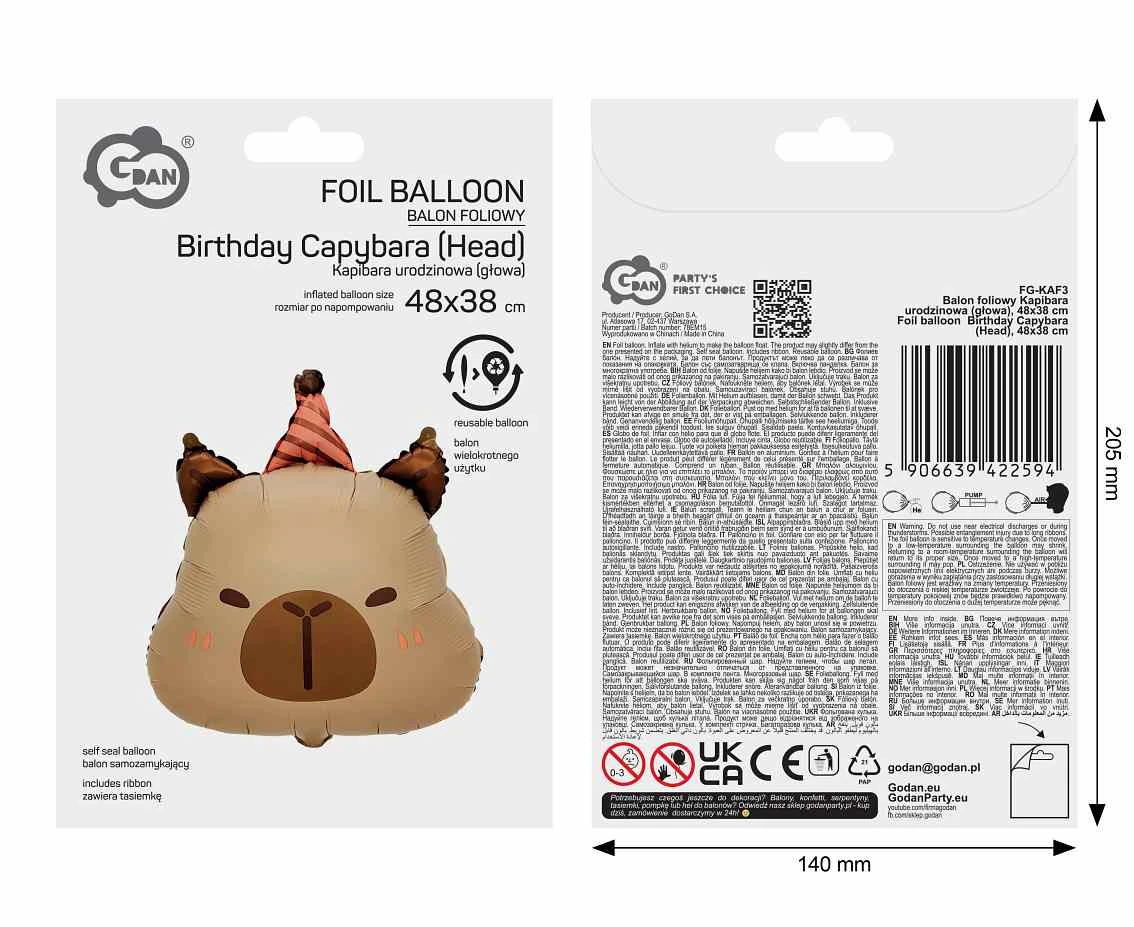 Balon foliowy Kapibara urodzinowa (głowa), 48x38cm
