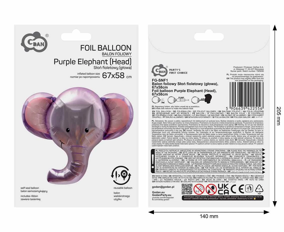 Balon foliowy Słoń fioletowy (głowa), 67x58cm