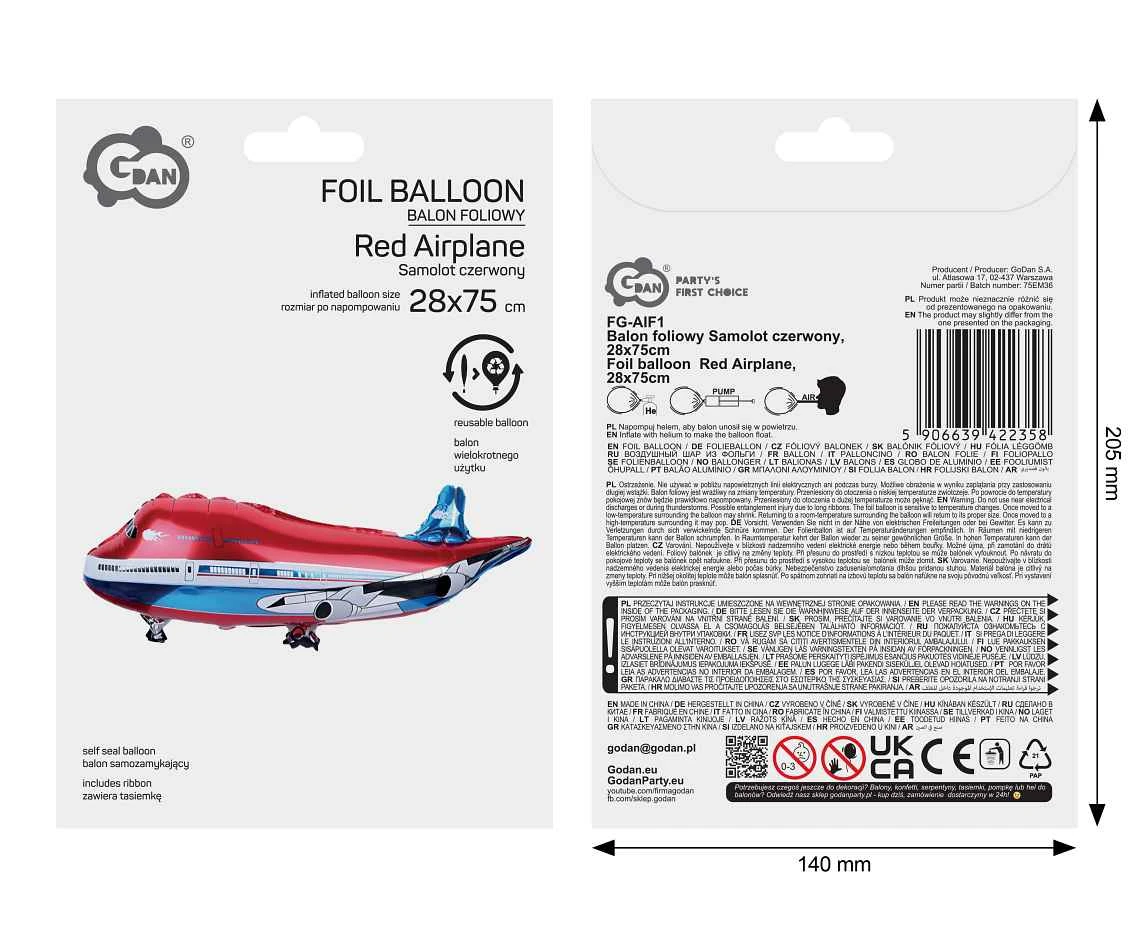 Balon foliowy Samolot czerwony, 28x75cm