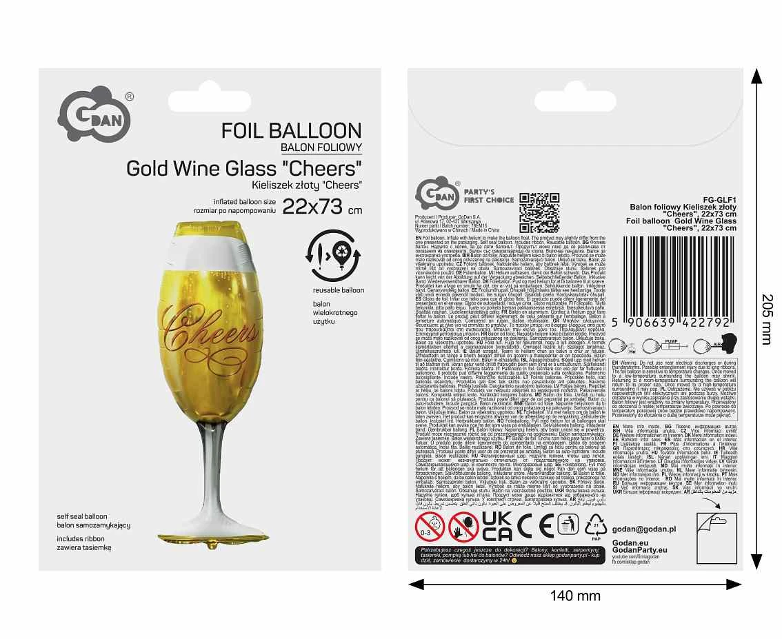 Balon foliowy Kieliszek złoty "Cheers", 22x73cm