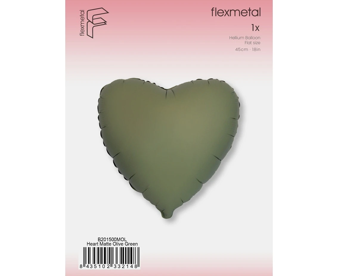 Balon foliowy 18" FX - Serce (matowe Olive Green), pakowany KK