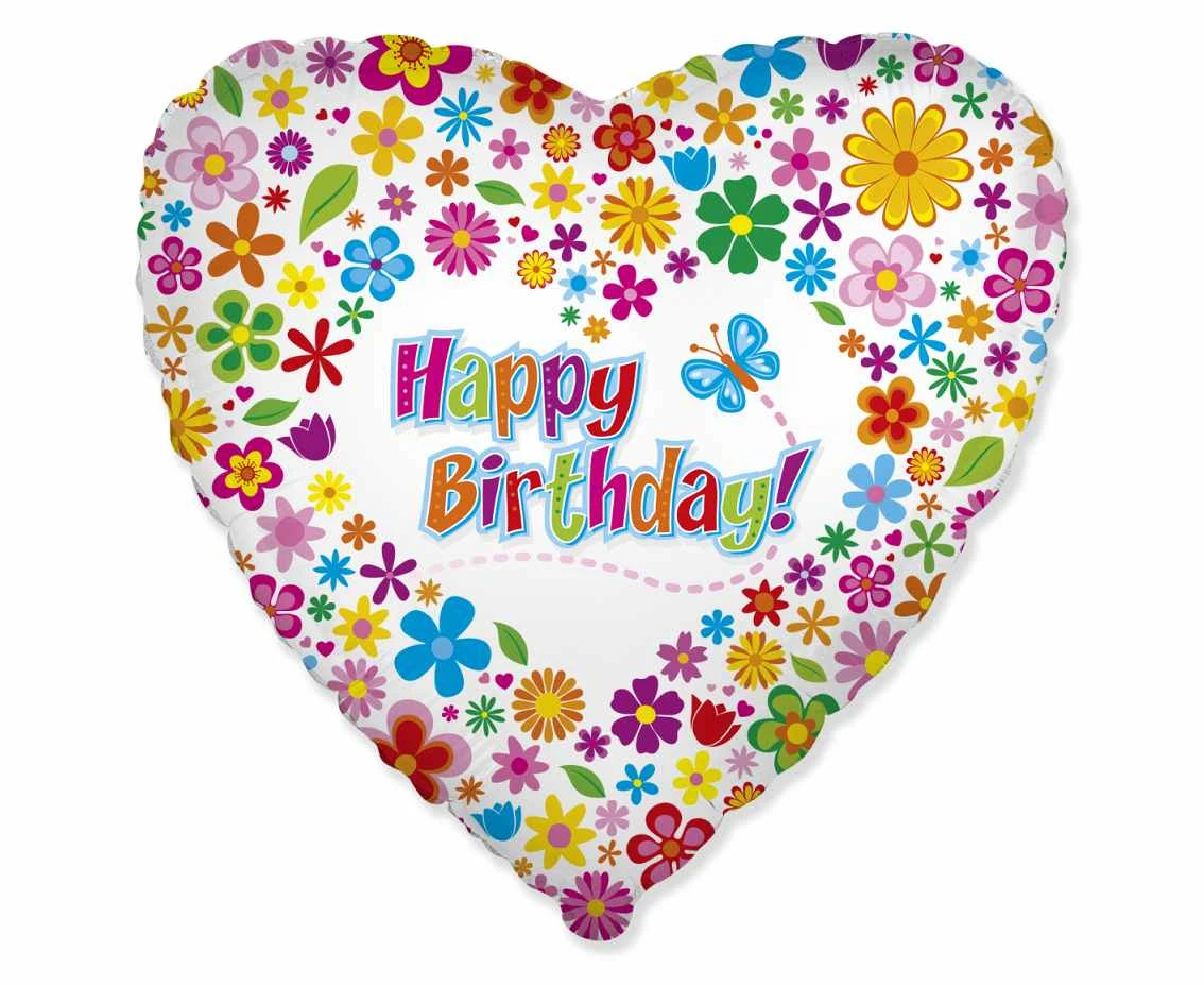 Balon foliowy 18" FX - Happy Birthday (z kwiatuszkami), pakowany