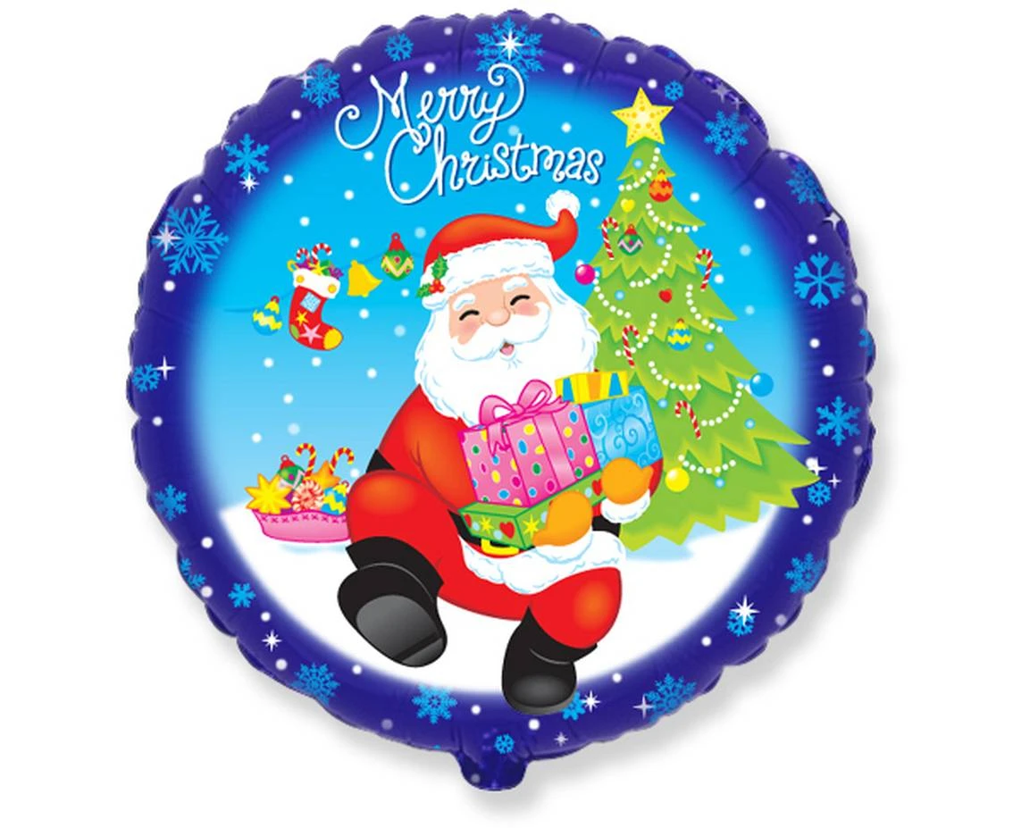 Balon foliowy 18" FX - "Merry Christmas - Mikołaj z prezentami" (okrągły), pakowany