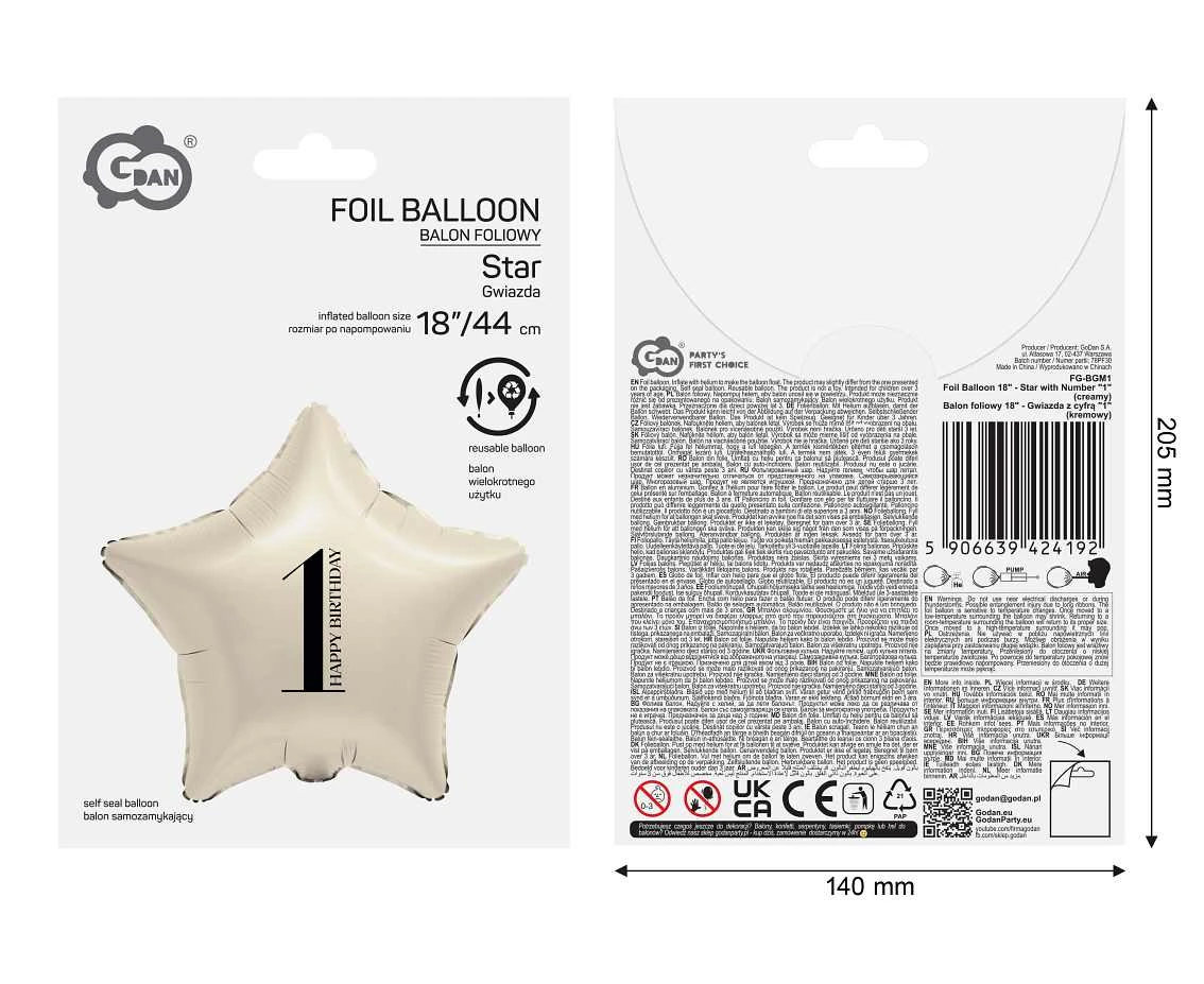 Balon foliowy 18" - Gwiazda z cyfrą "1" (kremowy)