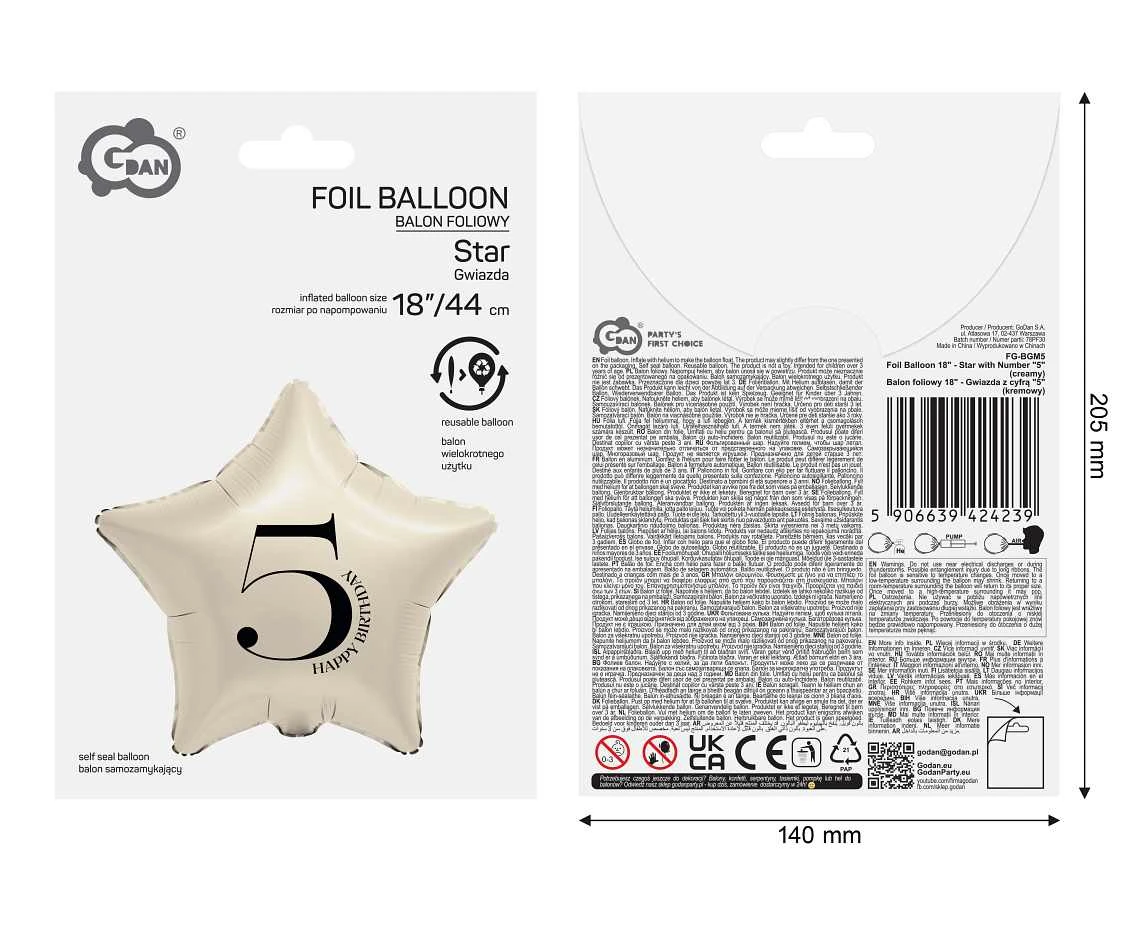 Balon foliowy 18" - Gwiazda z cyfrą "5" (kremowy)