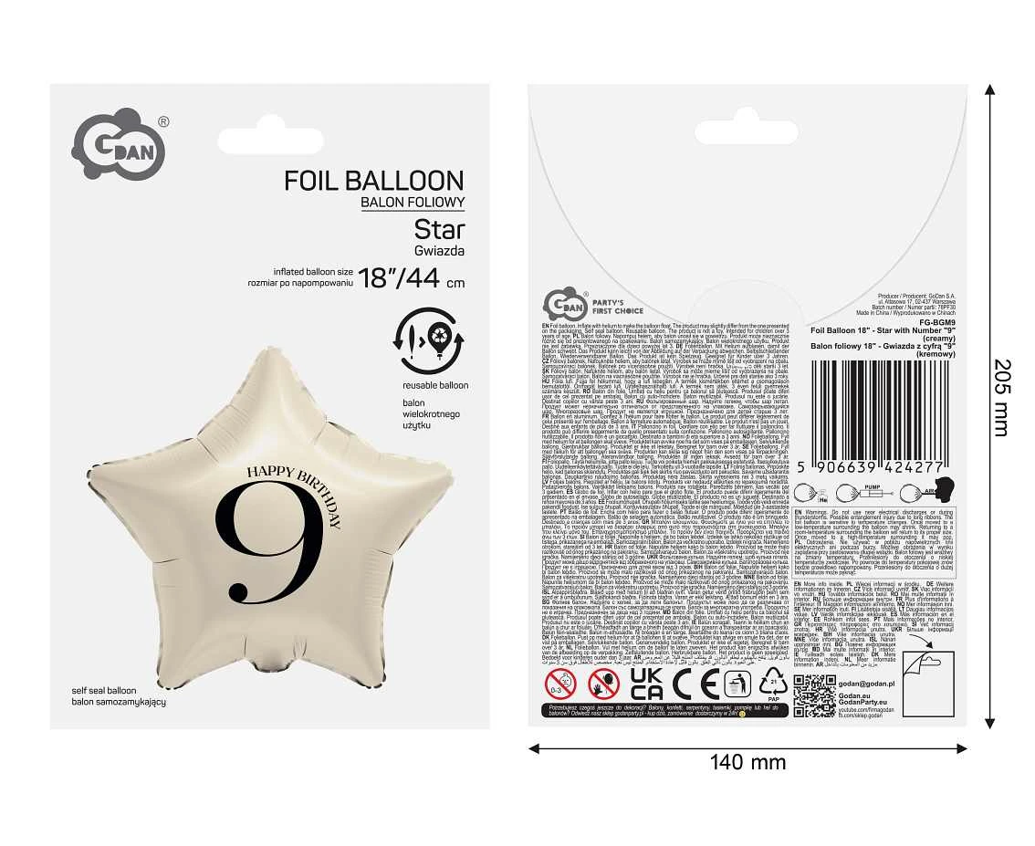 Balon foliowy 18" - Gwiazda z cyfrą "9" (kremowy)